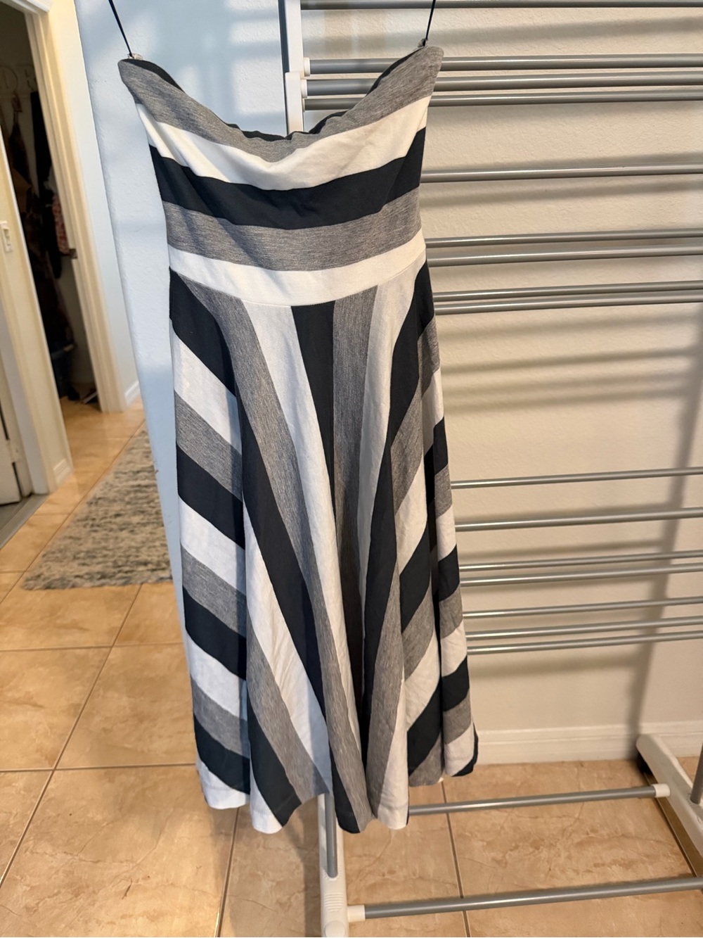 Striped Deep Blue, White & Gray A-Line Midi Strapless Dress